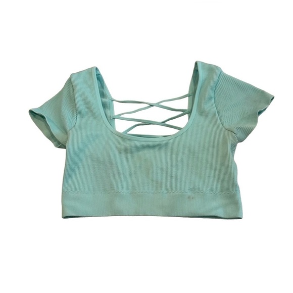 Aerie Mint Ribbed Short Sleeve Crop Top Strappy Back Size M - Picture 1 of 10